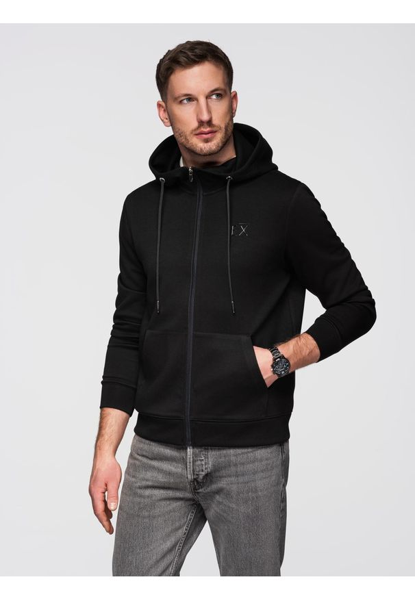 Ombre Clothing - Rozpinana bluza męska z kapturem z gładkiej dzianiny - czarna V1 - Rozmiar: L. Okazja: na co dzień, na spacer, do pracy. Typ kołnierza: kaptur. Kolor: czarny. Materiał: dzianina. Wzór: gładki. Styl: casual, sportowy