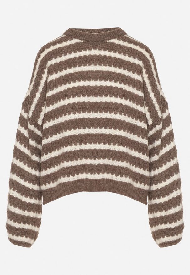 Born2be - Brązowy Sweter Oversize z Wełną i Wiskozą o Luźnym Splocie w Paski Ternose. Okazja: na co dzień. Kolor: brązowy. Materiał: wiskoza, wełna. Wzór: paski, ze splotem. Styl: casual, klasyczny