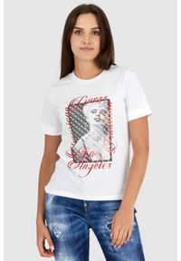 Guess - GUESS Biały t-shirt damski bawełniany z nadrukiem, Rozmiar XS. Kolor: biały. Materiał: bawełna. Długość rękawa: krótki rękaw. Wzór: nadruk