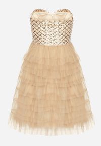 Born2be - Beżowa Sukienka Mini Bez Ramiączek z Cyrkoniami i Tiulem Jesionna. Kolor: beżowy. Materiał: tiul. Długość rękawa: bez ramiączek. Wzór: aplikacja. Długość: mini #4