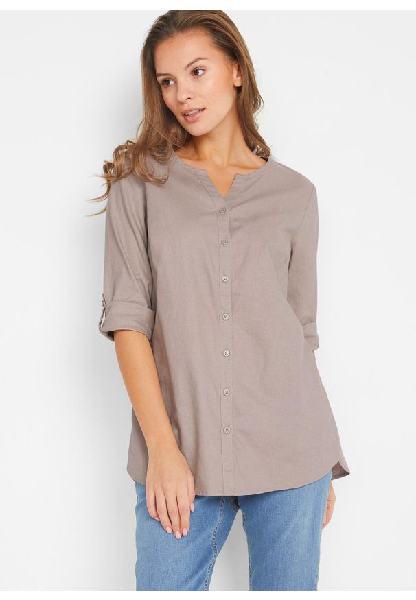 bonprix - Bluzka z domieszką lnu i rękawami 3/4. Kolor: szary. Materiał: len