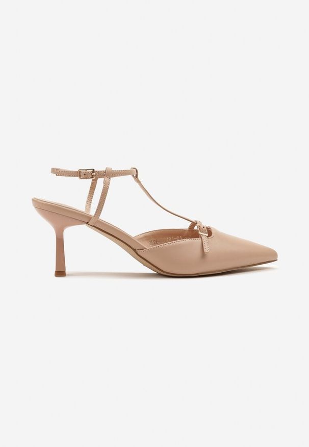 Renee - Beżowe Sandały Typu Slingback Ozdobione Paskiem Nilavin. Okazja: na co dzień. Nosek buta: szpiczasty. Zapięcie: pasek. Kolor: beżowy. Wzór: aplikacja. Sezon: lato. Styl: elegancki, casual