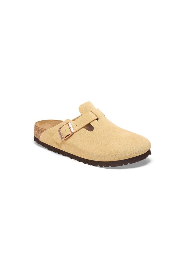 Klapki damskie Birkenstock boston vl. Zapięcie: bez zapięcia. Kolor: żółty. Materiał: zamsz, syntetyk, materiał. Sezon: lato. Sport: turystyka piesza
