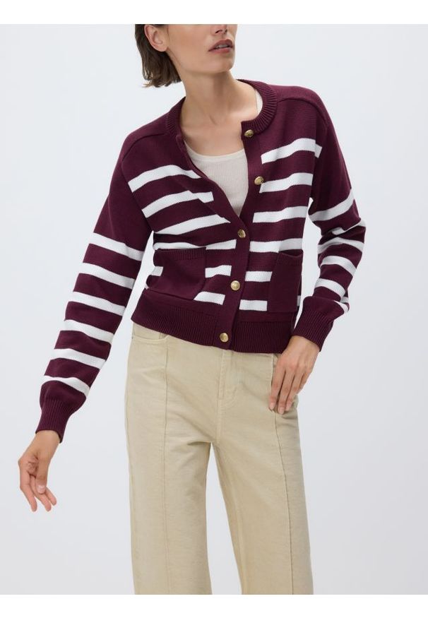 Reserved - Bawełniany kardigan w paski - bordowy. Kolor: czerwony. Materiał: bawełna. Wzór: paski