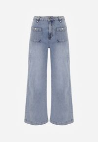 Renee - Niebieskie Szerokie Jeansy High Waist z Kieszonkami Thellona. Okazja: na co dzień. Stan: podwyższony. Kolor: niebieski. Wzór: aplikacja. Styl: casual #3