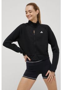 Adidas - adidas bluza damska kolor czarny gładka. Kolor: czarny. Materiał: materiał, skóra. Długość rękawa: raglanowy rękaw. Wzór: gładki