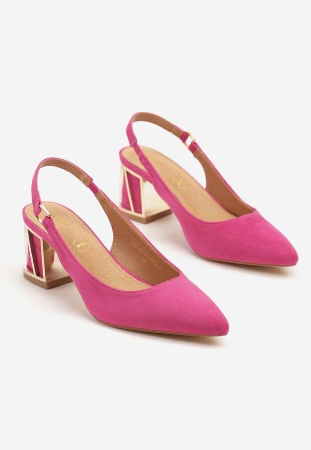 Born2be - Fuksjowe Sandały Vices na Obcasie ze Skórzaną Wkładką i Metalicznym Wzorem Sesenora. Okazja: na co dzień. Zapięcie: sprzączka. Kolor: różowy. Materiał: skóra. Obcas: na obcasie. Styl: casual. Wysokość obcasa: średni