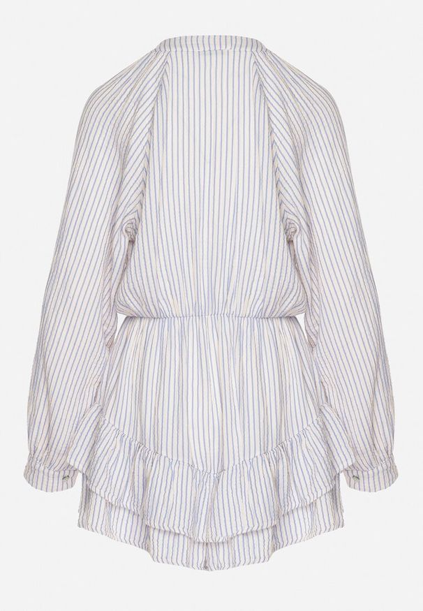 Born2be - Niebieski Bawełniany Kombinezon w Paseczki z Wiązaniem Oviare. Okazja: na co dzień, na spacer. Kolor: niebieski. Materiał: bawełna. Długość rękawa: długi rękaw. Długość: długie. Styl: elegancki, klasyczny, casual