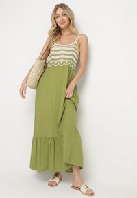 Born2be - Zielona Sukienka Rozkloszowana na Ramiączkach z Wiskozy Ozdobiona Haftami Efradea. Okazja: na co dzień. Kolor: zielony. Materiał: wiskoza. Długość rękawa: na ramiączkach. Wzór: aplikacja, haft. Styl: casual, klasyczny #2