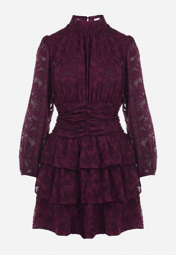 Born2be - Fioletowa Taliowana Sukienka Mini Koronkowa z Falbankami Ciluna. Typ kołnierza: kołnierz z falbankami. Kolor: fioletowy. Materiał: koronka. Długość: mini