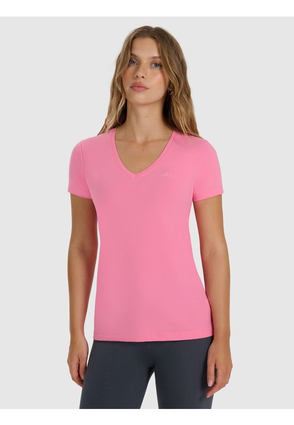 4f - 4F T-shirt slim gładki damski - różowy XXL. Okazja: na co dzień. Kolor: różowy. Materiał: materiał, bawełna. Wzór: gładki. Styl: casual