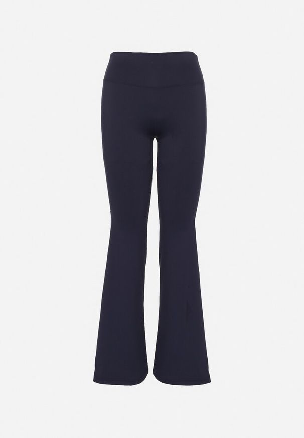 Born2be - Granatowe Marszczone Legginsy Dzwony z Wysokim Stanem i Lampasami Nakatia. Okazja: na co dzień. Stan: podwyższony. Kolor: niebieski. Styl: sportowy, elegancki, casual