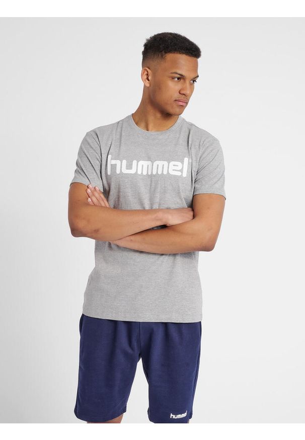 Koszulka sportowa z krótkim rękawem męska Hummel Cotton Logo. Kolor: szary, biały, wielokolorowy. Długość rękawa: krótki rękaw. Długość: krótkie. Sport: piłka nożna