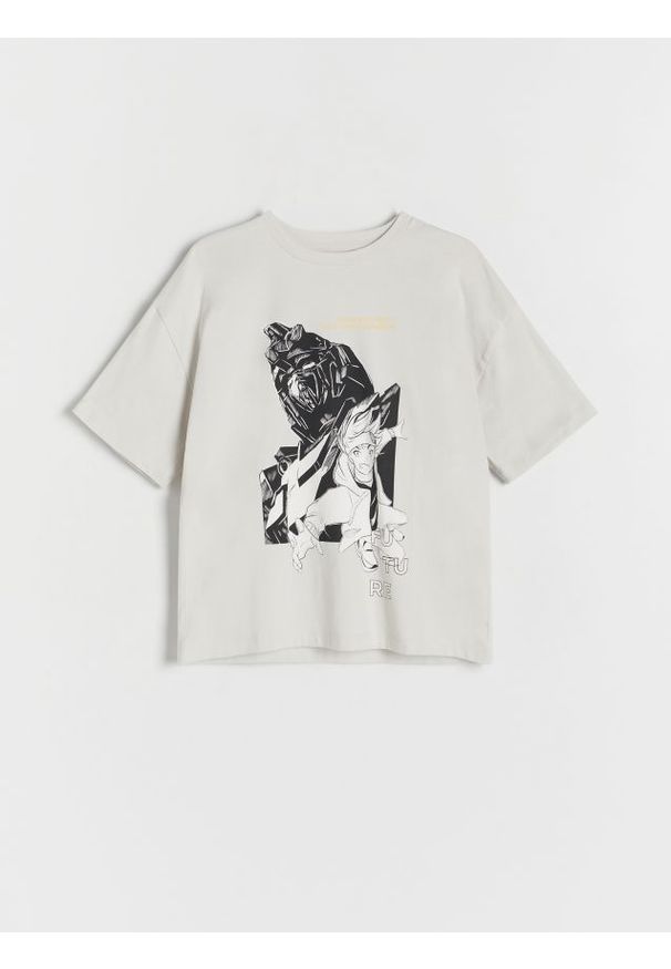 Reserved - Bawełniany t-shirt z nadrukiem - jasnoszary. Kolor: szary. Materiał: bawełna. Wzór: nadruk