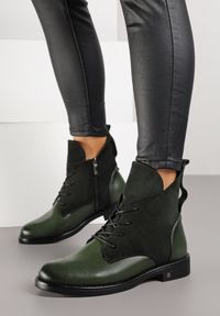Born2be - Zielone Botki Potocki Typu Trzewiki z Geometrycznym Motywem Zerfa. Okazja: na co dzień. Kolor: zielony. Materiał: jeans. Wzór: geometria. Styl: casual, klasyczny