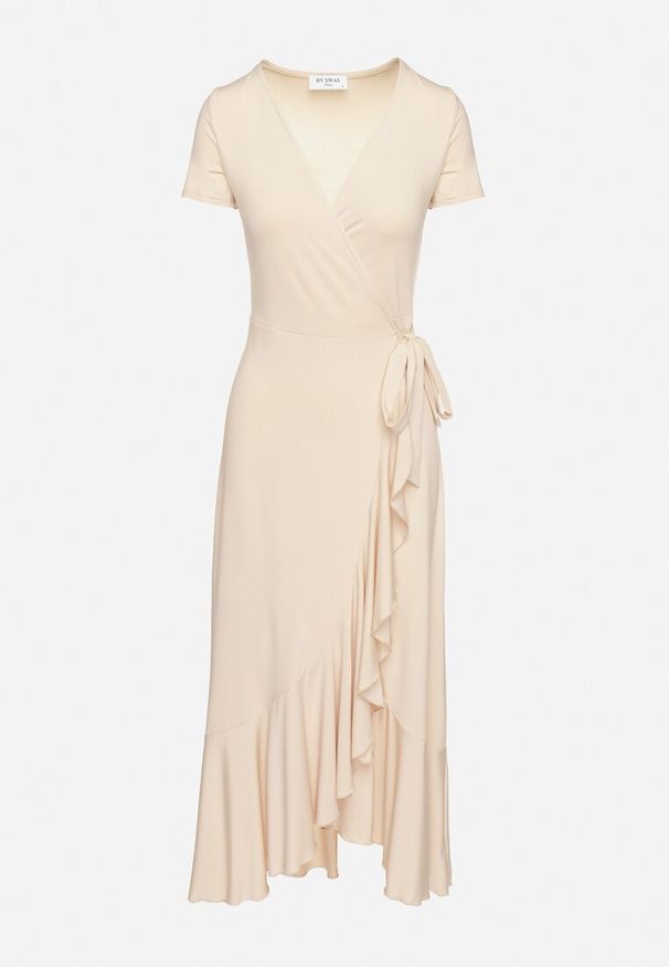 Born2be - Beżowa Sukienka z Paskiem Kopertowa Ozdobiona Falbanami Wleffia. Okazja: na spacer. Typ kołnierza: dekolt w kształcie V. Kolor: beżowy. Długość rękawa: krótki rękaw. Wzór: aplikacja. Sezon: wiosna, lato. Typ sukienki: kopertowe. Styl: elegancki