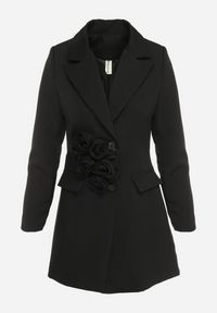 Born2be - Czarna Marynarka Sukienka Zapinana na Guziki z Kieszeniami i Aplikacją 3D Różyczek Velira. Okazja: na co dzień. Kolor: czarny. Wzór: aplikacja. Typ sukienki: proste. Styl: klasyczny, casual, elegancki #3