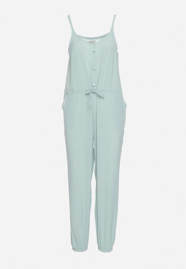 Born2be - Niebieski Bawełniany Kombinezon na Regulowanych Ramiączkach ze Ściągaczem w Talii Beamla. Okazja: na co dzień. Kolor: niebieski. Materiał: bawełna. Długość rękawa: na ramiączkach. Długość: długie. Styl: klasyczny, casual, elegancki