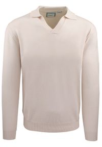 Męski, Lekki Sweter z Otwartym Kołnierzykiem Polo - Brave Soul - Kremowy. Typ kołnierza: polo. Kolor: beżowy, brązowy, wielokolorowy. Materiał: poliester, poliamid, wiskoza #1