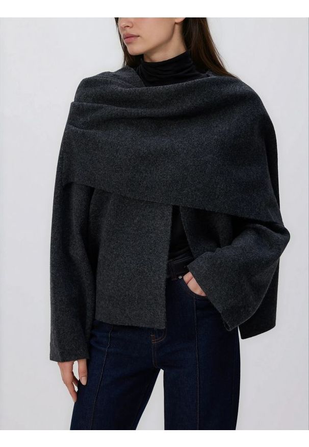 Reserved - Sweter z peleryną - ciemnoszary. Kolor: szary. Materiał: dzianina, wełna