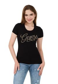 Guess - GUESS Czarny damski t-shirt Script, Rozmiar S. Kolor: czarny