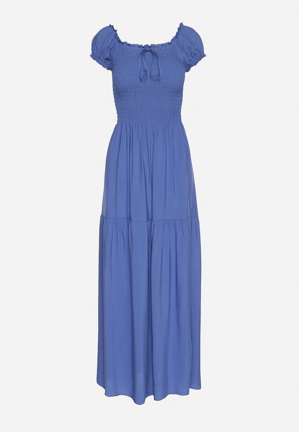 Born2be - Niebieska Wiskozowa Sukienka Hiszpanka z Marszczoną Górą Jenanira. Okazja: na co dzień. Typ kołnierza: dekolt hiszpanka. Kolor: niebieski. Materiał: wiskoza. Styl: casual, klasyczny