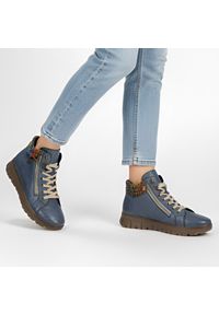 Niebieskie Botki Rieker Wygodne Buty Damskie. Zapięcie: zamek. Kolor: niebieski. Materiał: dzianina, skóra. Szerokość cholewki: normalna. Wzór: kolorowy #1