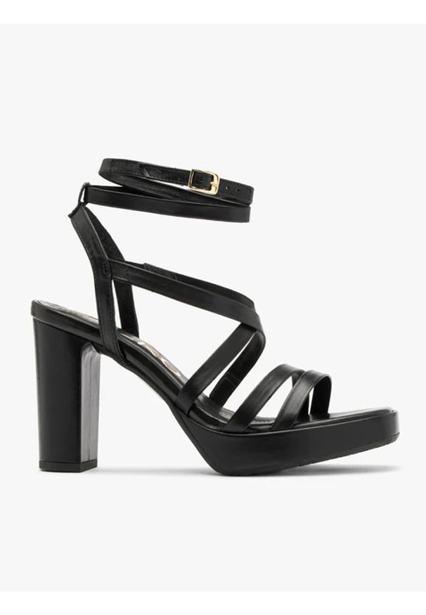 Ryłko - Czarne sandały z ozdobnych paseczków. Kolor: czarny. Materiał: skóra. Obcas: na obcasie. Styl: street. Wysokość obcasa: średni