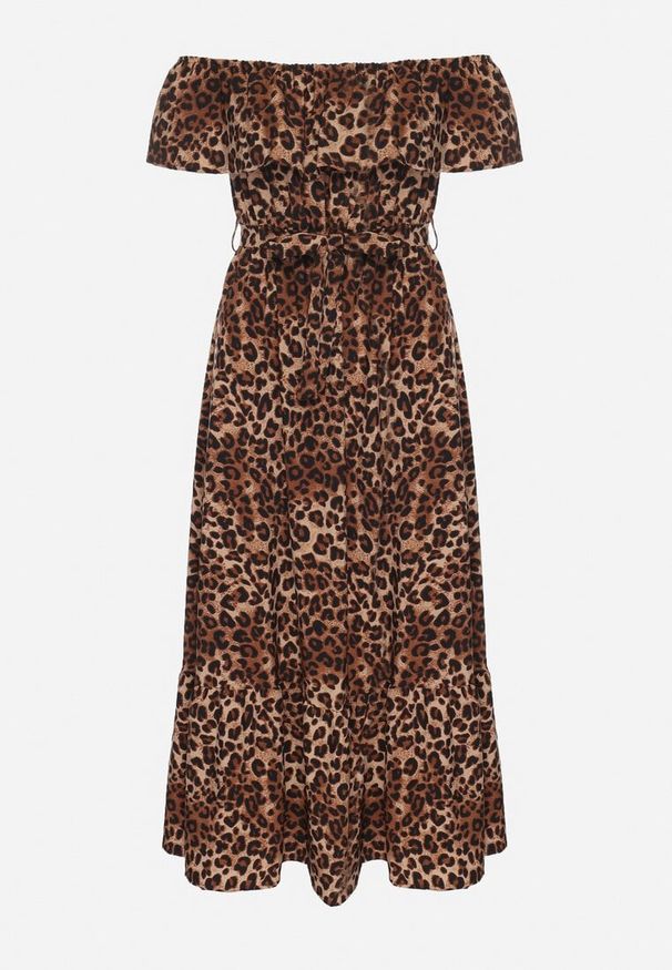 Born2be - Brązowa Sukienka Hiszpanka w Panterkę o Rozkloszowanym Kroju z Gumką w Talii Giterta. Okazja: na co dzień. Typ kołnierza: dekolt hiszpanka. Kolor: brązowy. Wzór: motyw zwierzęcy. Typ sukienki: rozkloszowane. Styl: elegancki, casual