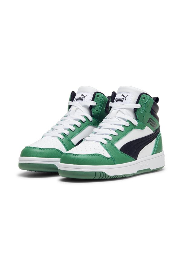 Puma - Młodzieżowe sneakersy Rebound V6 Mid PUMA White Archive Green Black. Kolor: biały, zielony, czarny, wielokolorowy. Sport: koszykówka