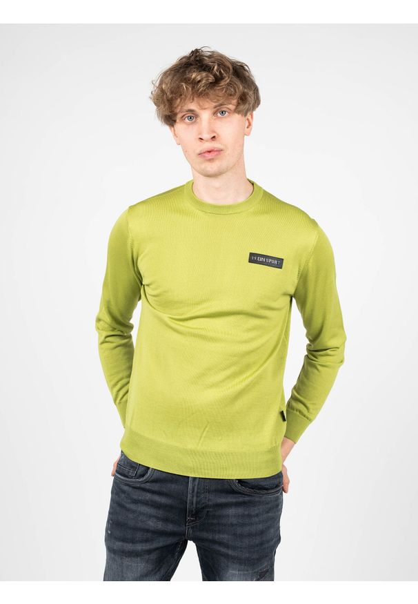 Plein Sport Sweter "Merino" | MPPS90132 | Mężczyzna | Zielony. Okazja: na co dzień. Kolor: zielony. Materiał: wełna. Wzór: aplikacja. Styl: sportowy