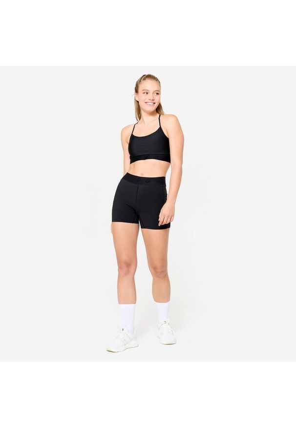 DOMYOS - Spodenki fitness cardio damskie. Kolor: czarny. Materiał: materiał, poliamid, elastan. Sport: fitness