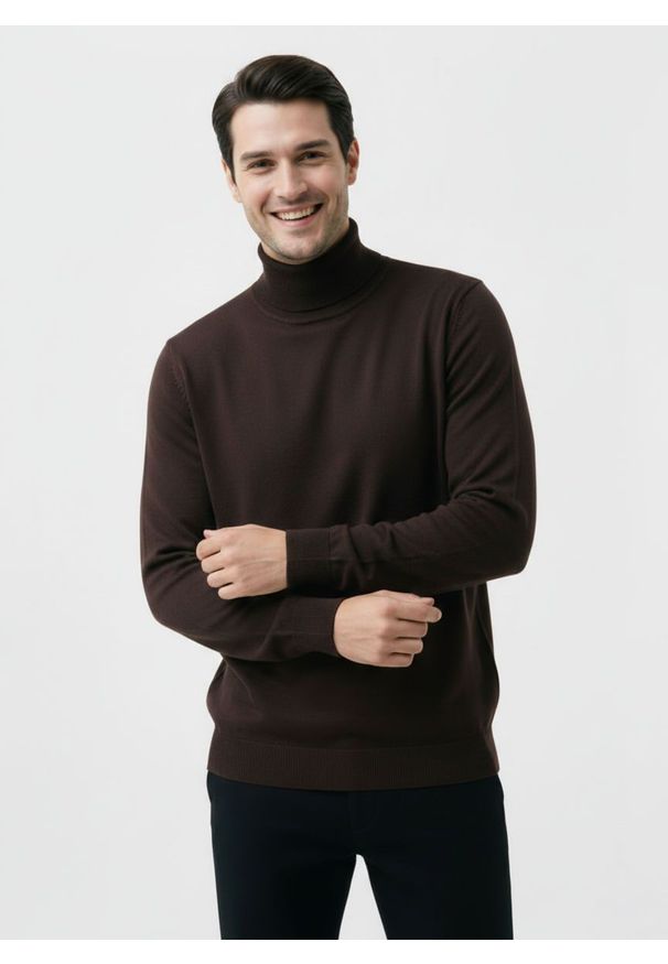 Golf Ciemny Brązowy, Elegancki Męski Ciemny Czekoladowy, 100% BAWEŁNA -Brave Soul. Typ kołnierza: golf. Kolor: brązowy, beżowy, wielokolorowy. Materiał: bawełna. Sezon: zima, jesień. Styl: elegancki