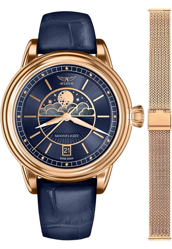 AVIATOR - Zegarek damski Aviator V.1.33.2.256.4-SET różowe złoto. Kolor: złoty, wielokolorowy, różowy