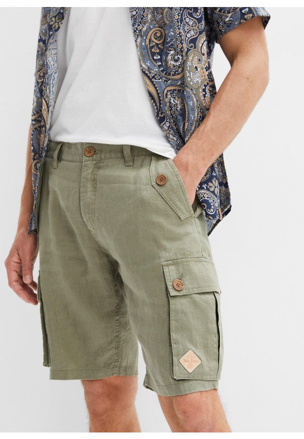bonprix - Bermudy bojówki z lnu, Loose Fit. Kolor: szary. Materiał: len