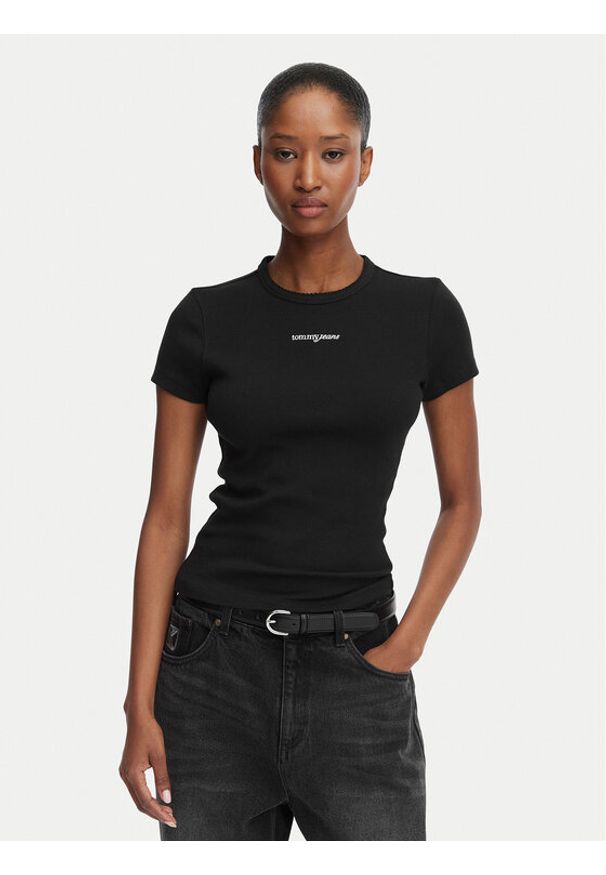 Tommy Jeans T-Shirt Script Rib DW0DW22809 Czarny Slim Fit. Kolor: czarny. Materiał: bawełna