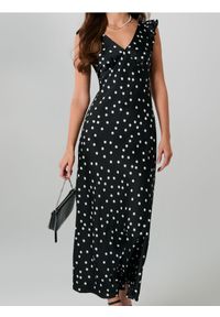 Sinsay - Sukienka midi w grochy z falbankami - czarny. Typ kołnierza: kołnierz z falbankami. Kolor: czarny. Wzór: grochy. Długość: midi #1