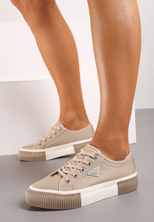 Born2be - Beżowe Sznurowane Trampki na Grubej Podeszwie Vimanta. Okazja: na co dzień. Kolor: beżowy. Materiał: jeans. Szerokość cholewki: normalna. Styl: sportowy, klasyczny, casual