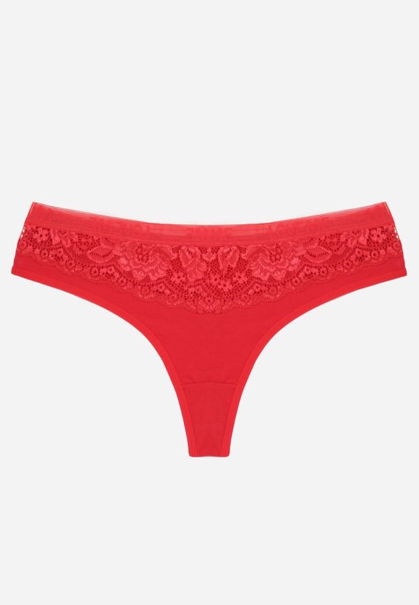 Born2be - Czerwone Majtki Stringi z Bawełną Ozdobione Koronką Thelanthe. Kolor: czerwony. Materiał: bawełna, koronka. Wzór: aplikacja, koronka