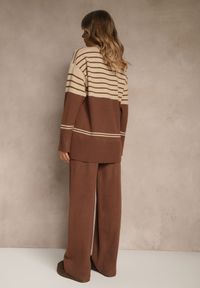 Renee - Brązowy Komplet z Dzianiny z Wełną Pasiasty Sweter i Spodnie Ralleia. Kolor: brązowy. Materiał: dzianina, wełna. Wzór: paski #4