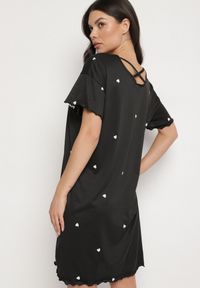Born2be - Czarna Koszula Nocna z Bawełną w Kropki z Napisem Firasine. Kolor: czarny. Materiał: bawełna. Wzór: napisy, kropki