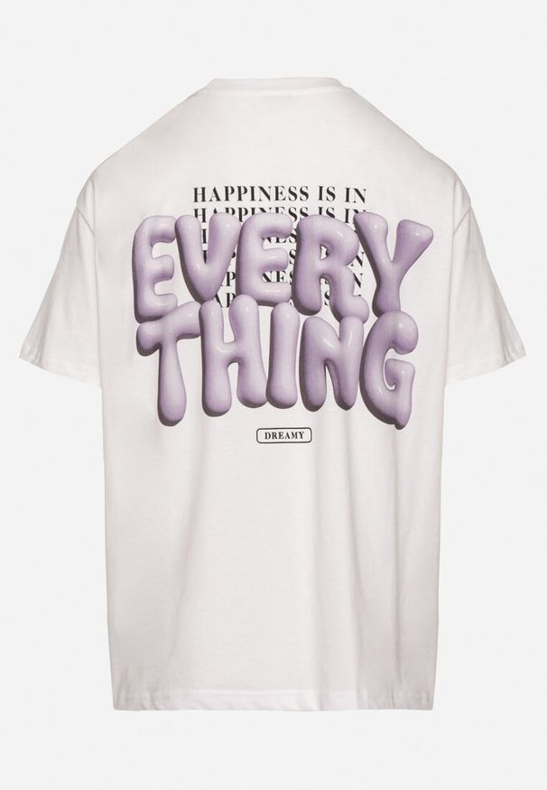 Born2be - Biało-Fioletowy Bawełniany T-shirt z Napisami Hallena. Okazja: na spotkanie biznesowe, na co dzień. Kolor: biały. Materiał: bawełna. Wzór: napisy. Styl: elegancki, biznesowy, klasyczny, casual
