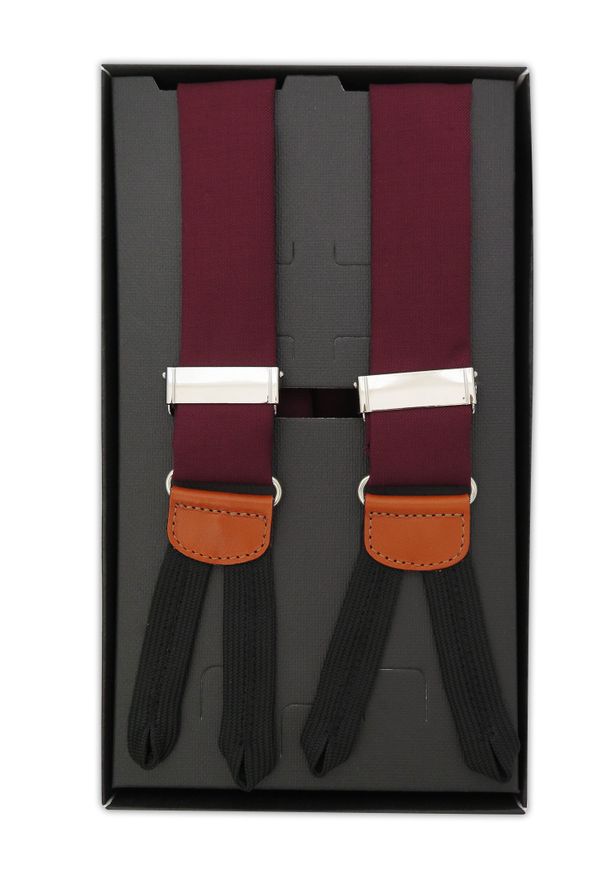 Modini - Bordowe materiałowe szelki na guziki - brązowe skórki L1. Kolor: brązowy, wielokolorowy, czerwony. Materiał: materiał