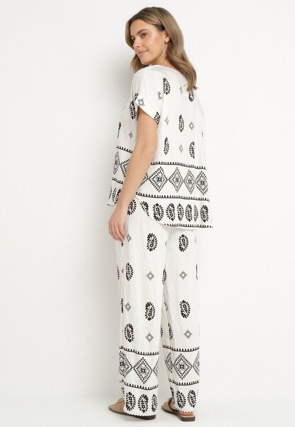 Born2be - Czarno-Biały Bawełniany Komplet Koszula i Szerokie Spodnie w Stylu Boho Ollirive. Kolor: biały. Materiał: bawełna. Wzór: aplikacja