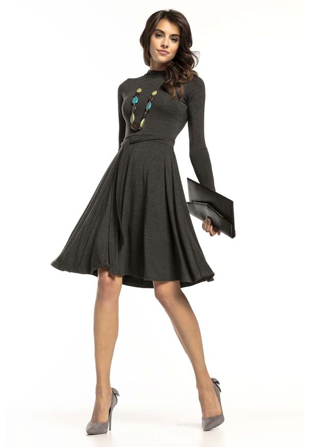 Tessita - Ciemnoszara Rozkloszowana Sukienka z Golfikiem. Kolor: szary. Materiał: akryl, elastan, wiskoza