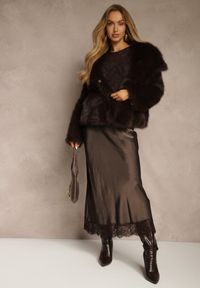 Renee - Brązowa Wiskozowa Spódnica Satynowa z Koronką Fedore. Okazja: na co dzień. Kolor: brązowy. Materiał: wiskoza, satyna, koronka. Wzór: koronka. Styl: casual, klasyczny #1