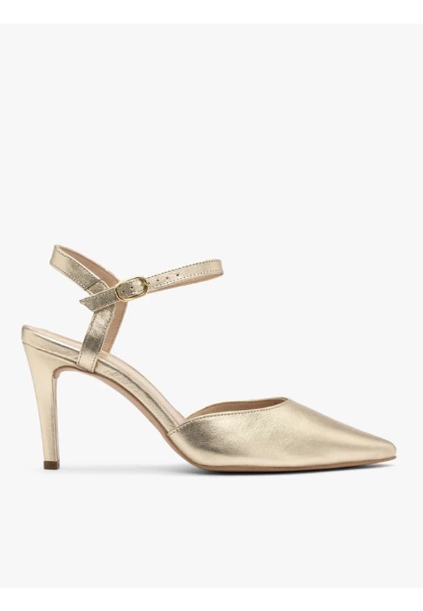 Ryłko - Złote czółenka damskie na szpilce. Kolor: złoty. Materiał: skóra. Obcas: na szpilce. Styl: street. Wysokość obcasa: średni