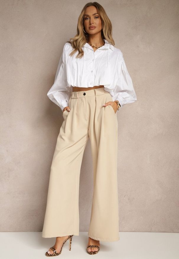 Renee - Beżowe Szerokie Spodnie High Waist o Garniturowym Kroju z Zakładkami Uliadorea. Okazja: na co dzień. Stan: podwyższony. Kolor: beżowy. Styl: klasyczny, casual, elegancki