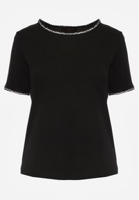 Renee - Czarny T-shirt z Bawełny Zdobiony Lamówką z Metaliczną Nicią Petinope. Kolor: czarny. Materiał: bawełna. Wzór: aplikacja #3