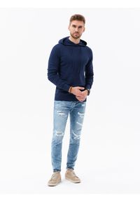 Ombre Clothing - Męska bluza dzianinowa z kapturem - ciemnoniebieska V3 B1532 - XXL. Typ kołnierza: kaptur. Kolor: niebieski. Materiał: dzianina